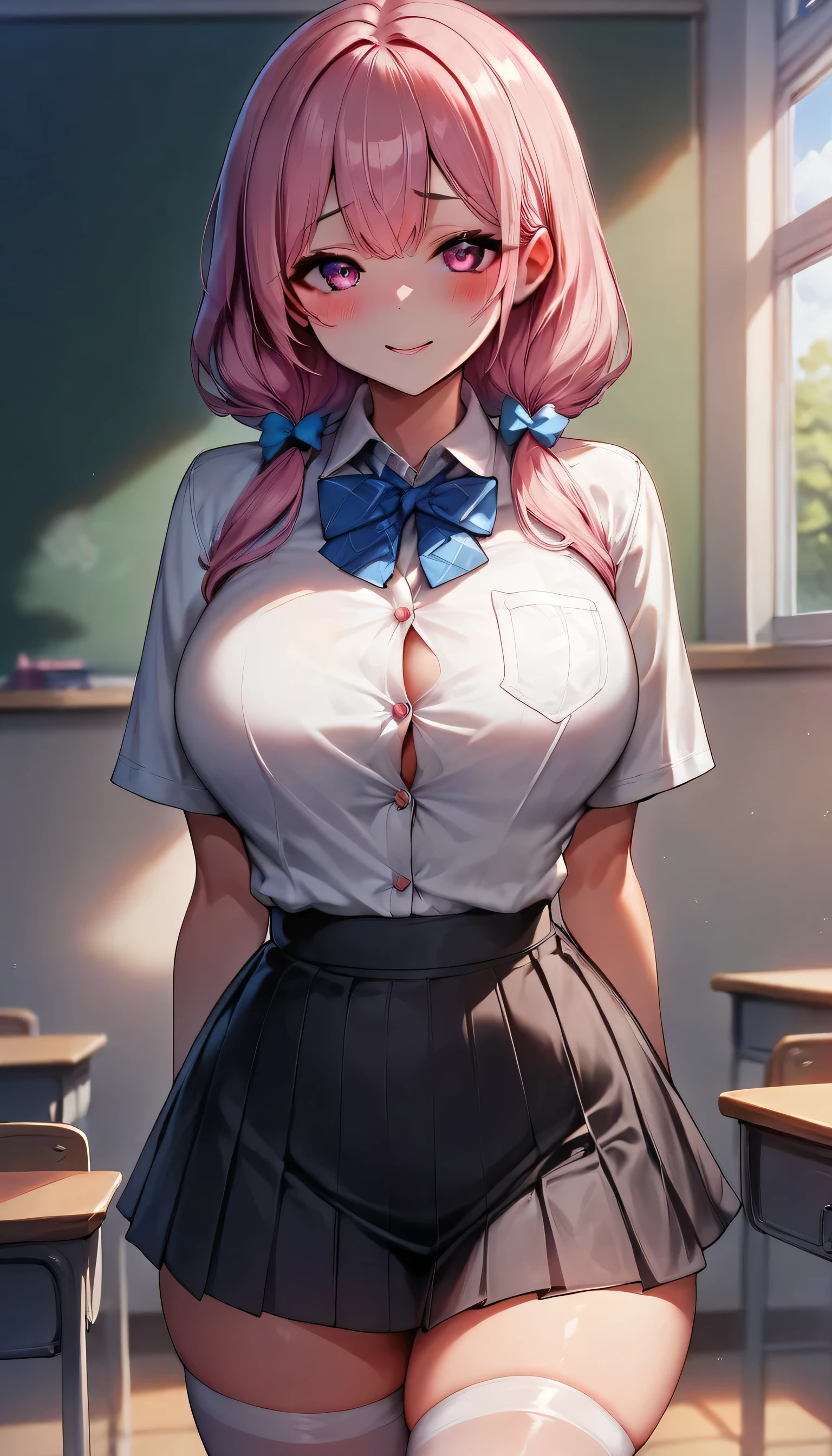 2,5d, girl, gorgeous, young, pink hair, low pigtails, pink eyes, curvy thighs, curvy hips, thin waist, curvy ass, big breasts, detailed eyes, detailed face, detailed body, adult, tall, detailed night classroom, classroom, looking at viewer, white skin, make up, solo, white shirt, black skirt, white stockings, standing, shy, cute smile, happy, blush 