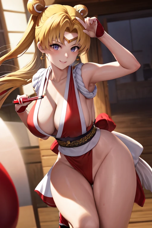 masterpiece, best quality, beautiful art, high resolution, well formed hands, body and fingers, 1 woman, solo, Kate Upton, grown up, adult, cosplaying as Mai Shiranui , adult, big breasted, cleavage full body, long hair, hair ribbon, gorgeous legs and, thighs, sexy Japanese clothes, hair ornament, elbow gloves, dancing seductively and erotically, turning backwards and forwards, showing her back and front, showing her butt, t back, bikini  thong, smiling joyfully, sweating ,looking at the viewer, flirting, biting her lips, beach environment 