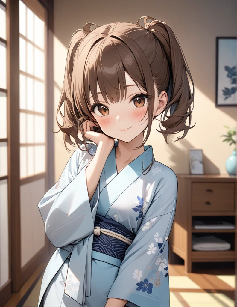 masterpiece,  best quality,  beautiful details ,Fine-grained texture, Fine skin,  perfect face,( vest shadow ),(  disorganized ),( detailed background),( Very Beautiful ), Brown Hair、 Brown Eyes 、Light blue、kimono,Long-sleeved kimono、 living room 、 Background Blurred , whole body、 real skin, small breasts、blush、smile、short twintails,  from the front、 upper body,　hand in own hair、