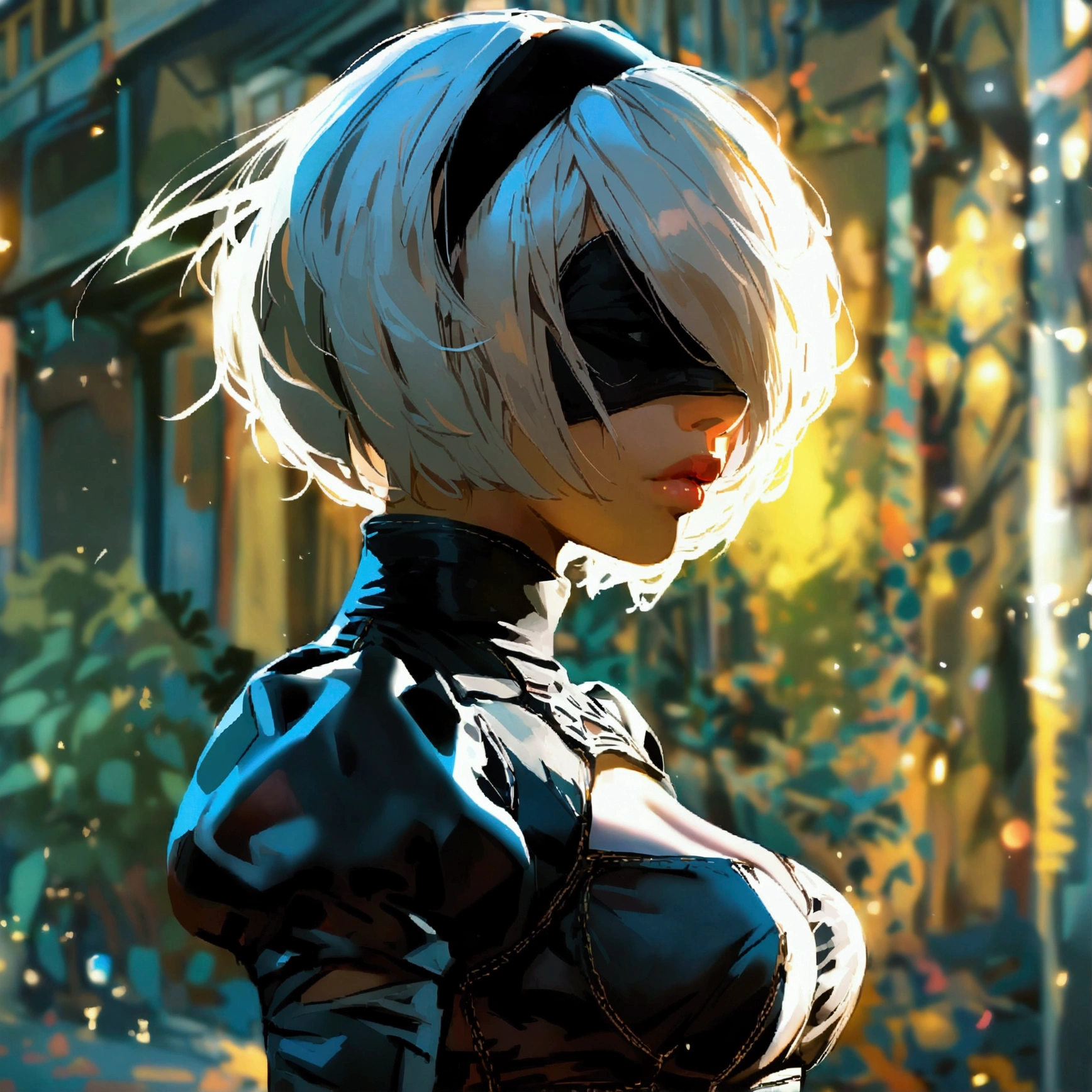 YoRHa2B, turning your back to the audience,masterpiece,turning heads, (realistic: 1. 4), best quality, beautiful lighting, 1girl, wlop, ((blindfold)), breasts, cleavage, cleavage cut, costume cut, hair between the eyes, hair band, highres, juliet sleeves, long sleeves, nier (series), nier automata, (puffy sleeves), red lips . face shadow, short hair, solo, high collar, upper body, white hair, sky , RAW photo, 8k uhd, film texture, architecture, building, shrubs, city, cityscape, clouds, cloudy sky, daytime, grass, outdoors, ruins, landscape, skyscraper, trees
