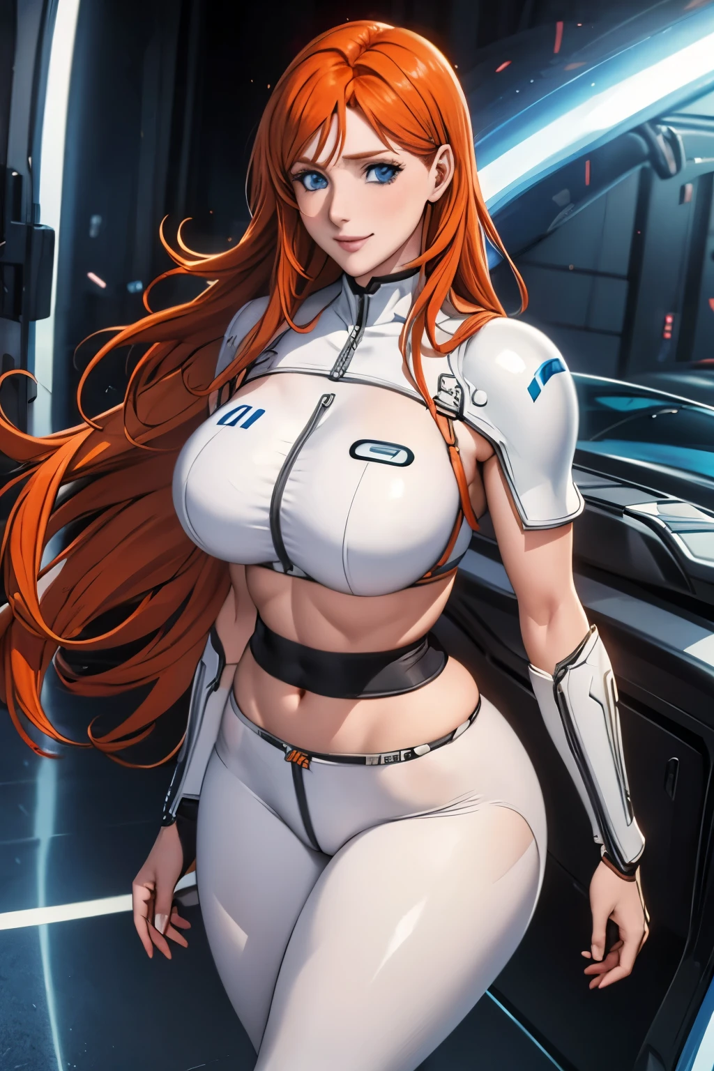 Woman , long orange hair, ginger hair, blue eyes, smiling, White cyber armor, black pants,