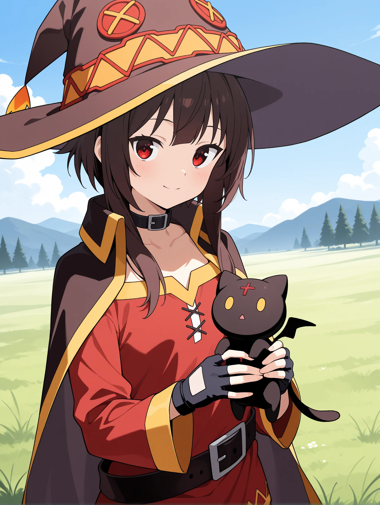 1girl, Megumin, red_eyes, brown_hair, short_hair_with_long_locks, small_breasts, witch_hat, red_dress, black_cape, black_collar, black_belt, black_gloves, fingerless_gloves, upper_body, (chomusuke), black_cat, holding_cat, happy, looking_at_viewer, closed_mouth, outdoors, grass, sky, facing_viewer
 ,masterpiece,best quality,newest,