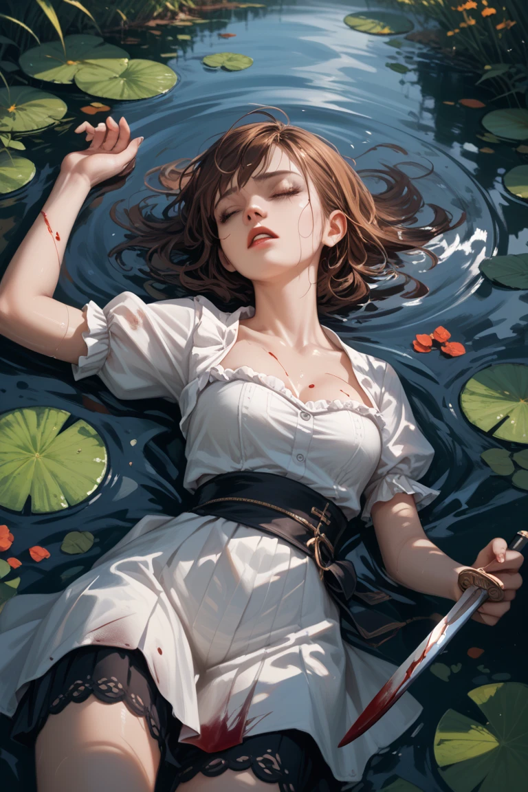 A woman,  pale skin , brown hair,  eyes closed ,  sinking to the bottom of a dark, black lake,  with a blood stain on his chest , with a dagger stuck in his chest , wearing white clothes.  anime style.  side perspective 