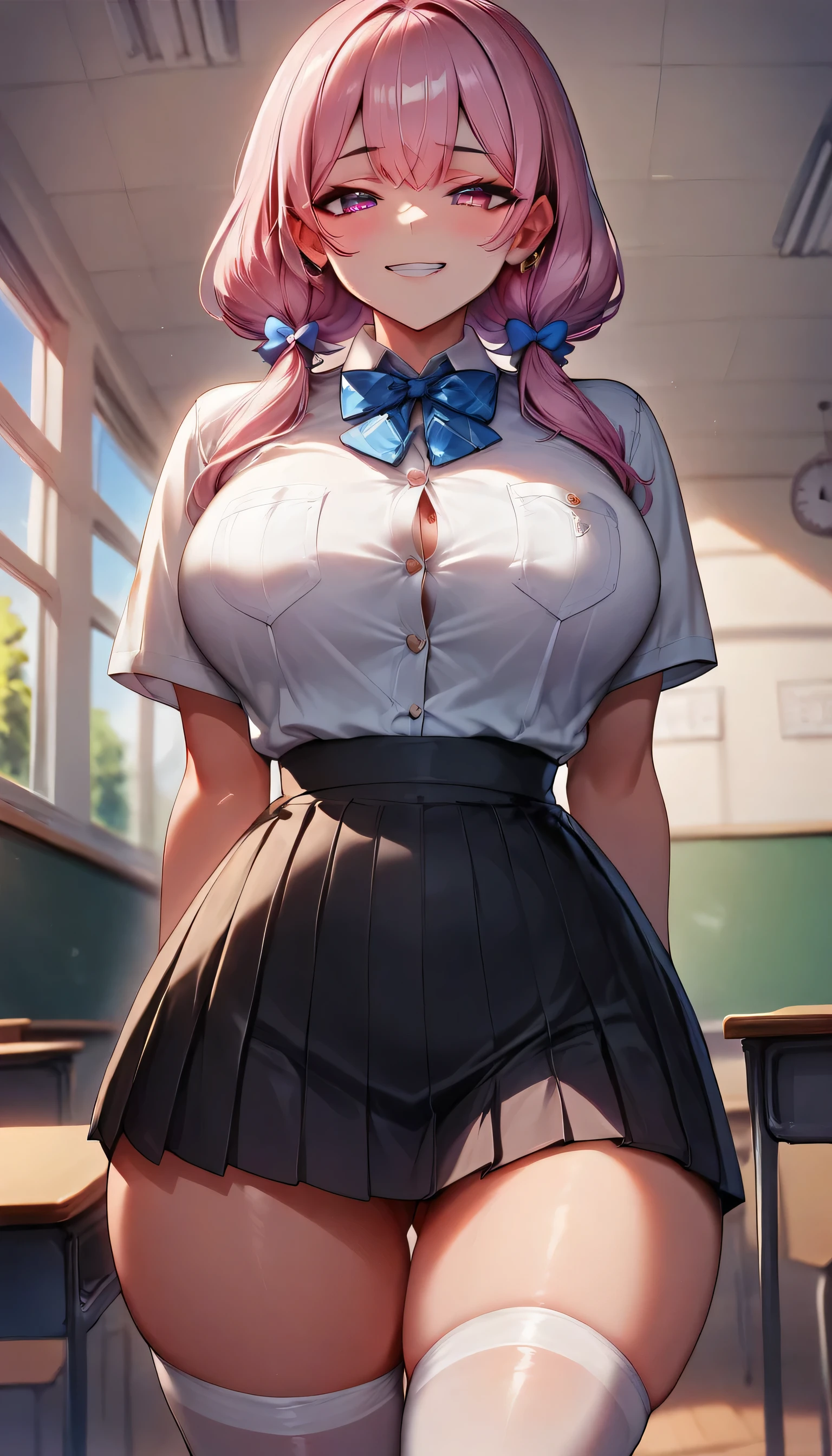 2,5d, girl, gorgeous, young, pink hair, low pigtails, pink eyes, curvy thighs, curvy hips, thin waist, curvy ass, big breasts, detailed eyes, detailed face, detailed body, adult, tall, detailed night classroom, classroom, looking at viewer, white skin, make up, solo, white shirt, black skirt, white stockings, standing, smug, horny, slut 