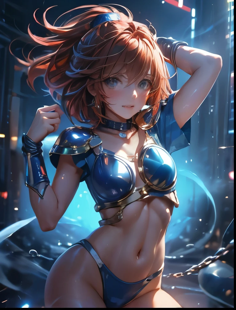 (((SFW、Precision、Highest quality、A first-class masterpiece、Normal body、8k、 Detailed Face 、Ultra-precision、 Normal hand、5refer to、Highest)))、 Surprised by her clothes, Arles Nadja wears an ultra-thin, futuristic, futuristic, and furious hologram laser ultra-thin futuristic Haile Leotard while blushing shyly、『Puyo Puyo』、Navel exposed、flanks exposed 、Back exposed、Exposing Thighs 、Surprised、marvel、 and is being held、Spread your hands and legs for chain bondage、 happy and embarrassed 、Melting face、Masochistic Face 、Collar、Slave Collar、ReadCollar
