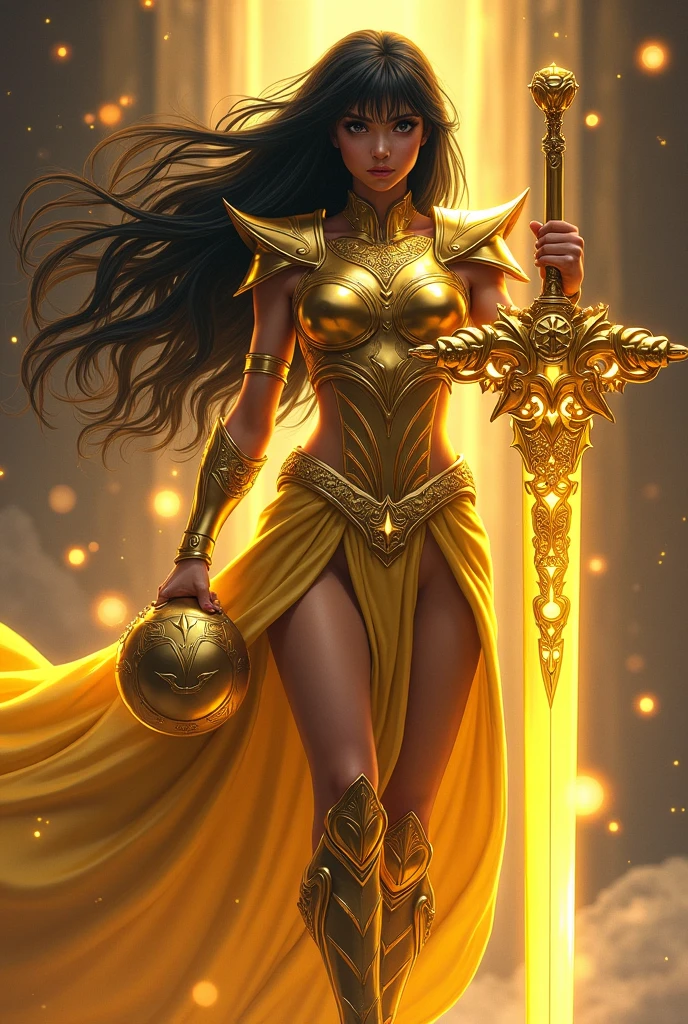 Cleopatra, metallic heroic costume covering the entire body, holding golden sword, golden and blue lights in aura, dramatic pose, ocean blue background