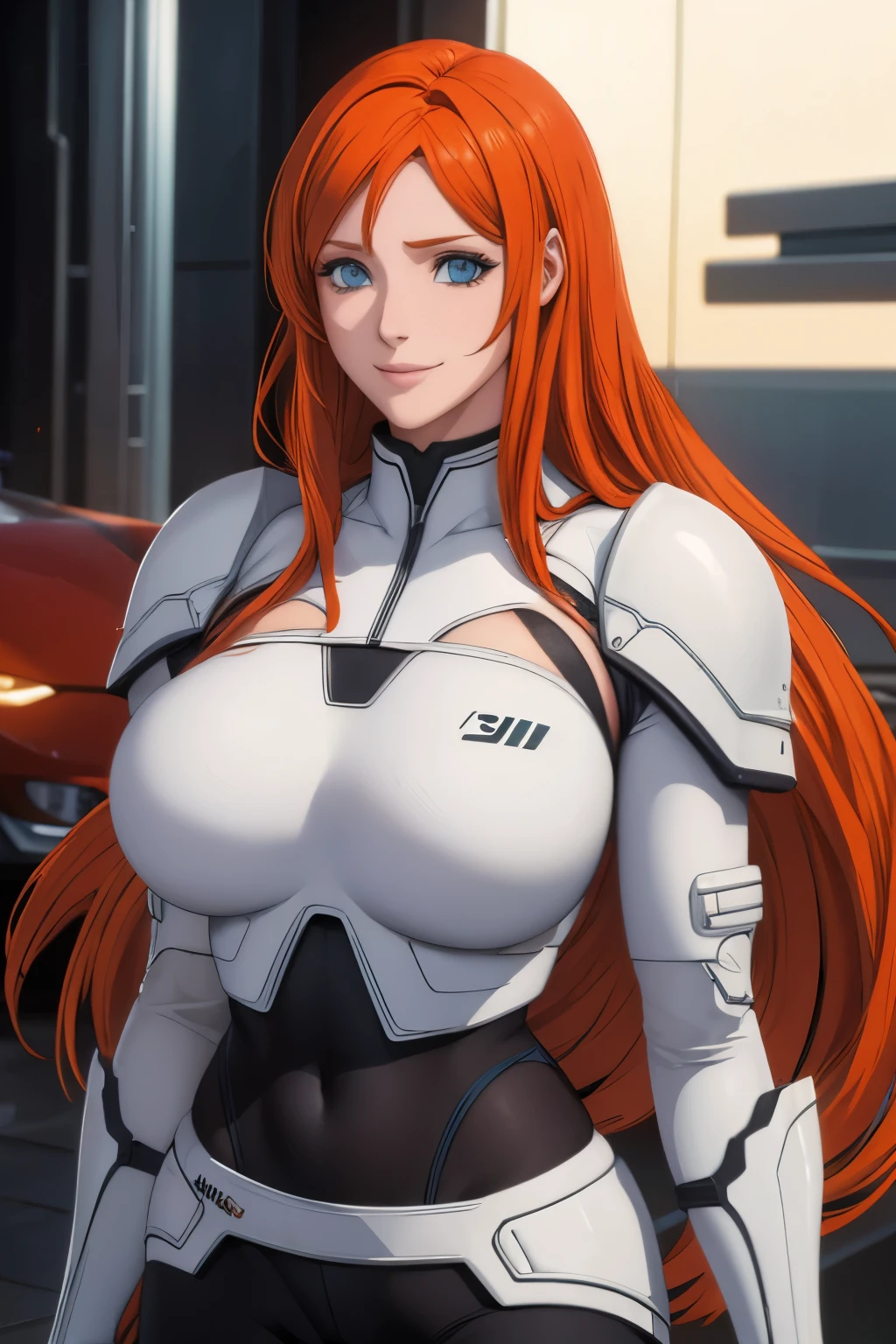 Woman , long orange hair, ginger hair, blue eyes, smiling, White cyber armor, black pants,