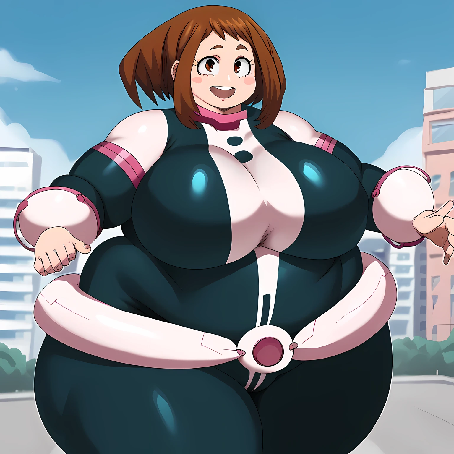 score_9, score_8_up, score_7_up, source_anime,
ochakouraraka, ochako uraraka, brown eyes, brown hair, short hair, blush, blush stickers, smile,
bodysuit, skin tight, superhero,
outdoors, cityscape,
looking at viewer, cowboy shot, huge breasts, curvy, dynamic pose,S2Z0n1c21.5XL style, smile fat, chubby, obese, gigantic arms and legs, large breasts open mouth, out of breath