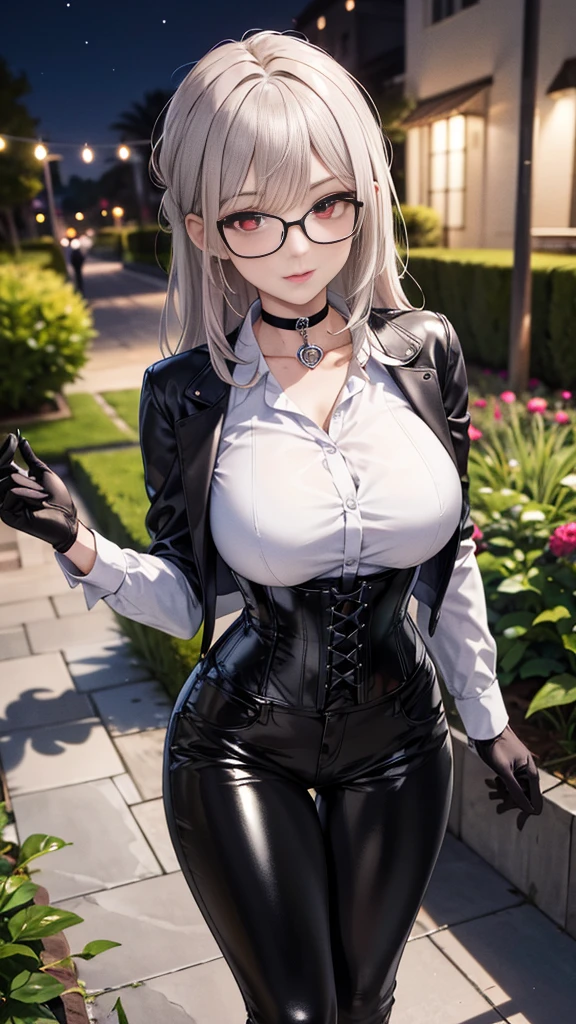 Gray-haired 25-year-old girl in elaborate Superman costume、((((Huge glasses, Otaku Glasses, thick glasses, Round glasses)))),Black long sleeves, Covers the whole body, black capelet, big breastes, Generous cleavage, Black Superman Costume, Suit with black carbon fiber details, bent over (Butt pose during the exhibition:1.2), (Intricate details:0.9), (nffsw, Hyper-detailing:1.2), (natural skin textures, hyper realisitc, Soft light, sharp), Photos in RAW and 35mm formats.Dark radial background.