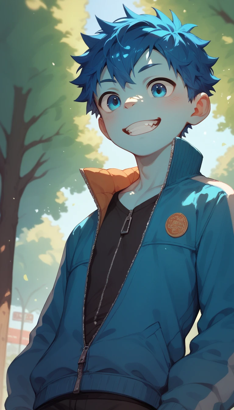 a handsome cute little young boy 3yr cool,messy short blue hair and blue eyes,wearing jacket zipper,from below,in park,showing off his canine teeth,fullbody