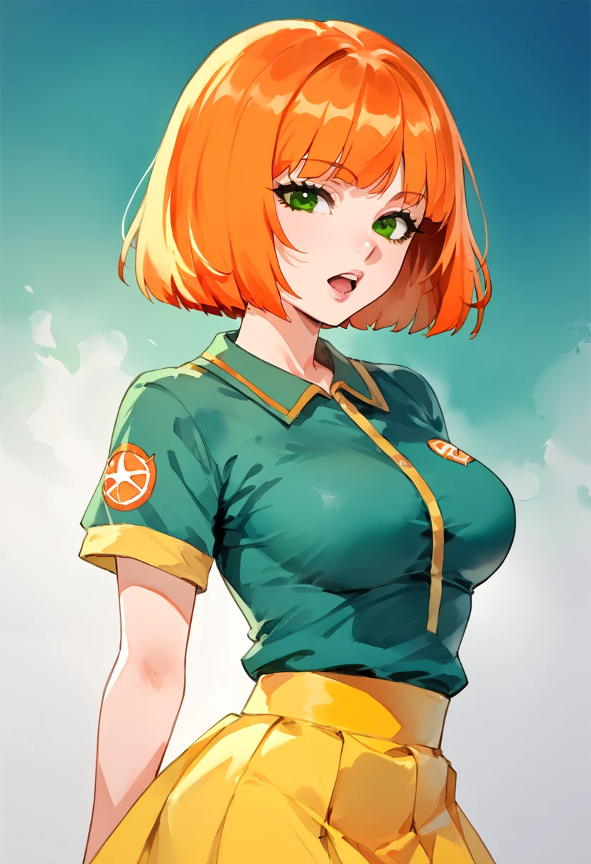 score_9_up, score_8_up, score_7_up, solo, source_anime, Floox Style, traditional watercolor painting, 1girl, bob cut, orange hair, short hair, Green eyes, medium breasts BREAK 

Orange shirt, short sleeves, yellow skirt BREAK 

Standing, looking at viewer, open mouth, pretty face BREAK 

Abstract background, blurry background BREAK 