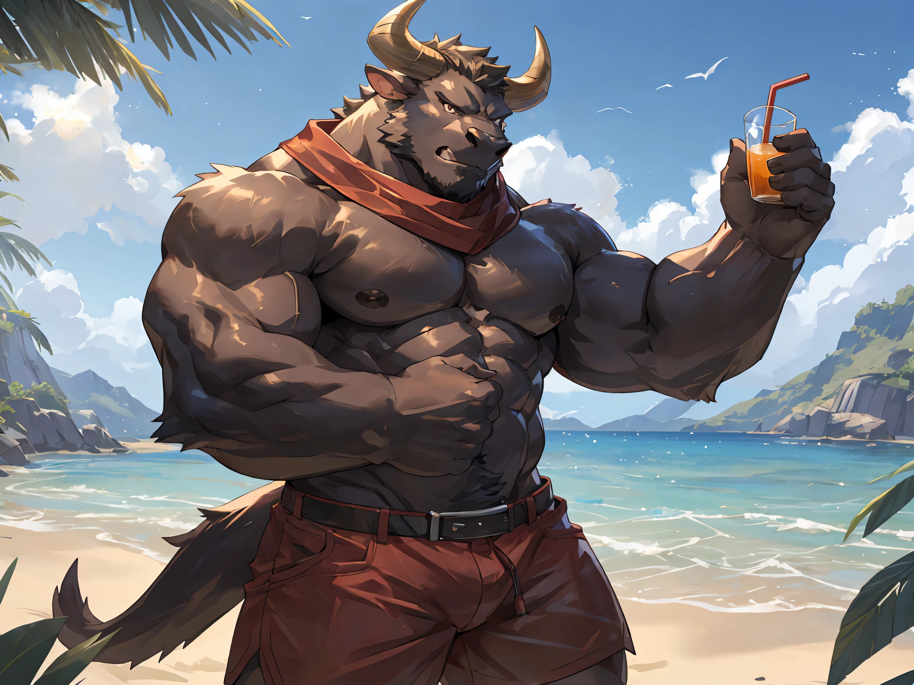 deep brown bull, red scarf, beach, (taking a photo), shorts, embarrassed, Fierce eyes, anger, straw hat, standing with crossed arms, masterpiece, (16K), HD, Various facial details, detailed background, very detailed, dynamic poses, Eyes details, high resolution, high quality, correct anatomy, cartoon, by_lindong, by null-ghost, (solo), (Upper body nudity:1.5), shirtless, topless, horns, bull tail, Holding a glass of juice, Pointing to the juice