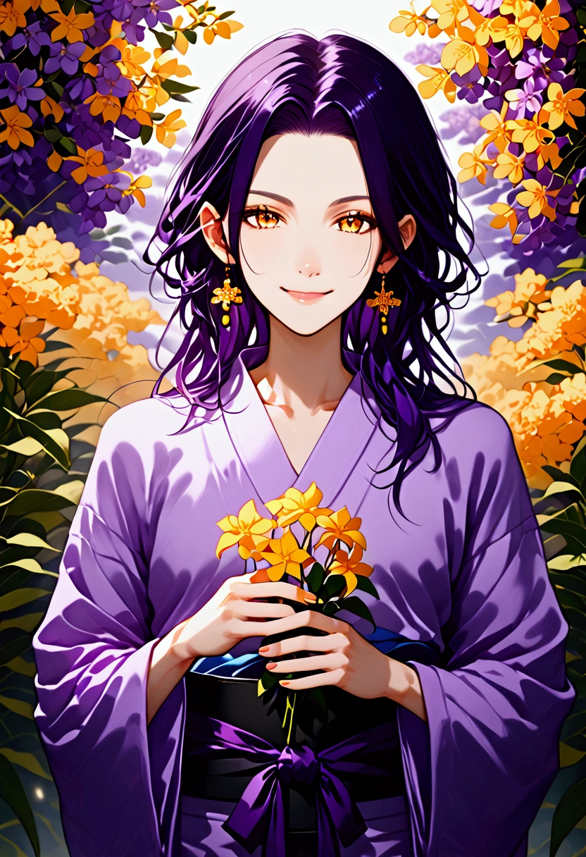 Androgynous boy, dark purple long hair, orange-yellow eyes, mole under the left eye, amused smile, slender defined body, earrings in the ears, purple nails, lilac yukata, purple knit sleeveless blouse, black pants, black sandals, holding a flower.