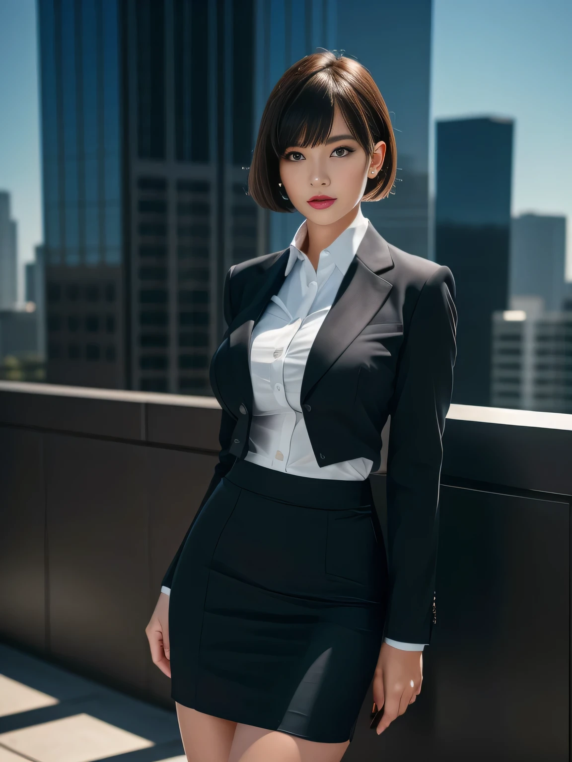 Tight-fitting business shirt, Just-fitting short sleeve, High-waist pencil skirt, (Shirt tucked into skirt:1.5), (Wearing a business Jacket on top:1.3), Office district, Skyscrapers in the background,
8K Quality, (High Resolution:1.5), (Realistic photo:1.5), (Raw photo:1.5), (Extremely detailed photo), (White balance:1.25), Absolute masterpiece,
(Looking at the viewer:1.3), Staring, Standing,
(Big breasts:1.2), (Lip make-up), Glossy skin, Bangs, Short wavy bob, Ultra pretty girl