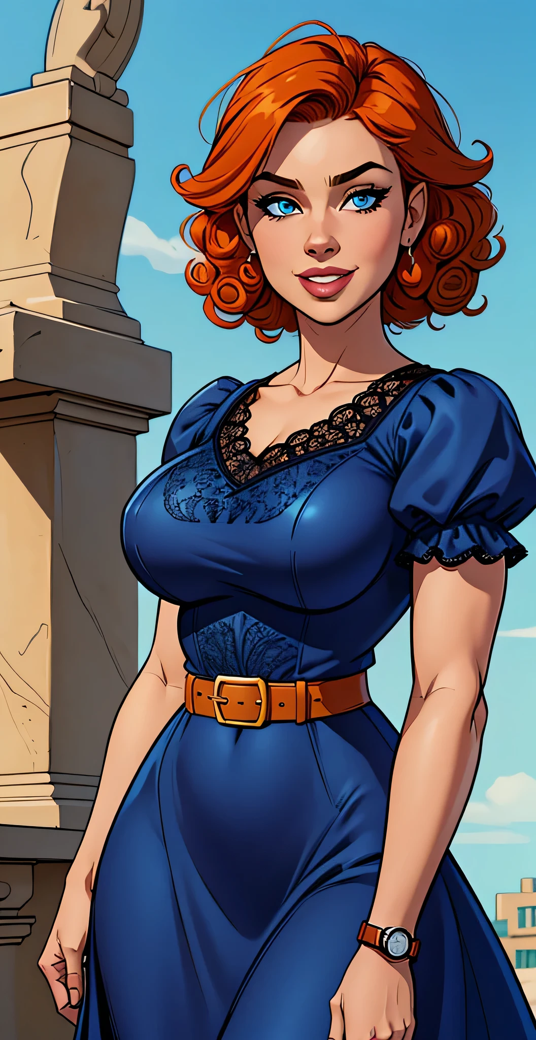 ( Absurd, HD , ultra detailed, watch out for your hand ) close up of a thin and athletic woman , 25 years, 8k (( high definition )), cute smile, seductive look, blue eyes, wearing long blue dress (( with a lacy V-neck and short puffy sleeves )), black belt, arms positioned on the sides of her body, white pele, orange hair (( short and curly )), standing (( upper body )), curvilínea e com sardas no pescoço e nos breasts, breasts (( big, Hard and round )). Marvel style (( hq )), Sunny day in the background .