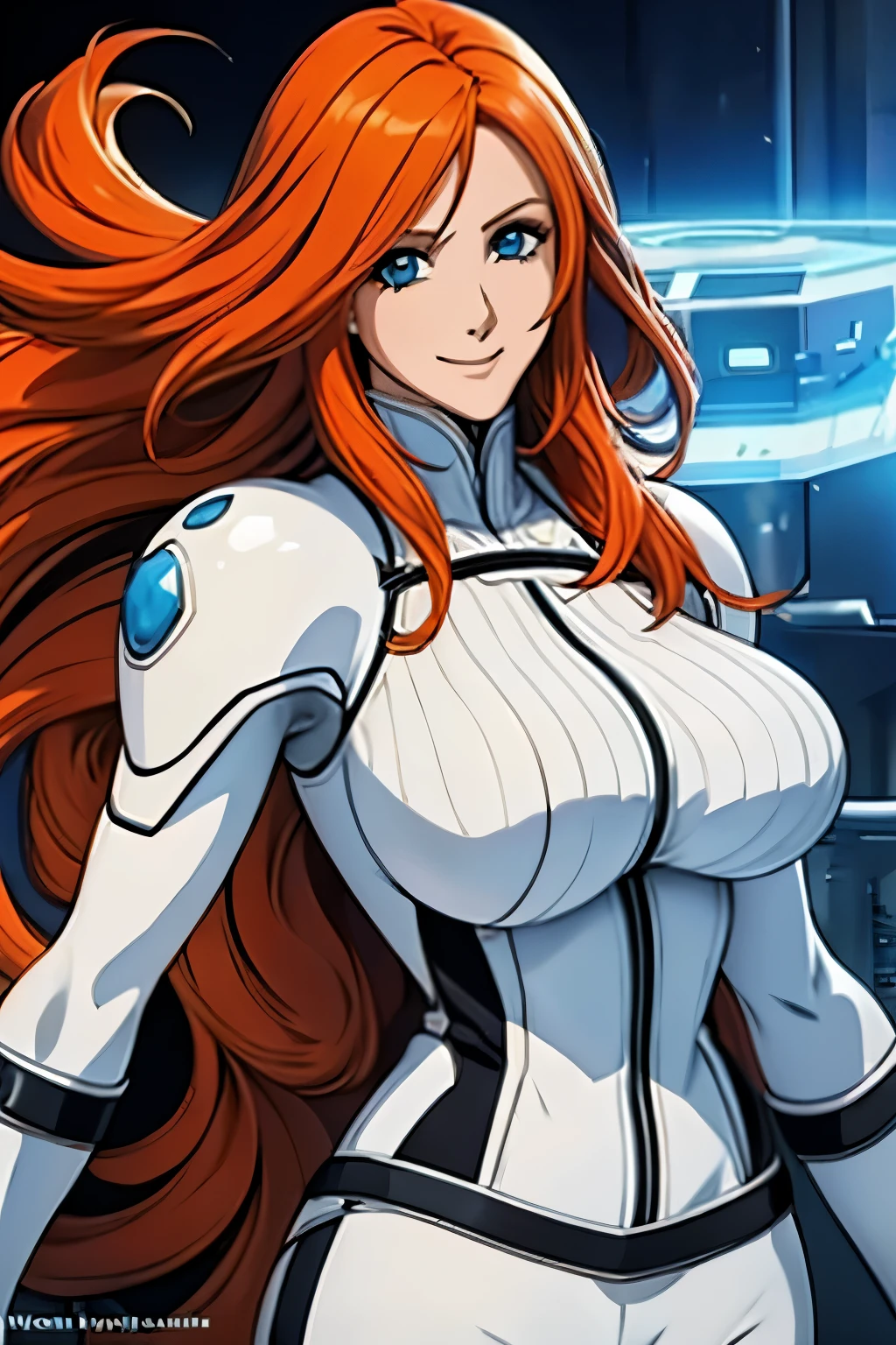 Woman , long orange hair, ginger hair, blue eyes, smiling, White cyber armor, black pants,