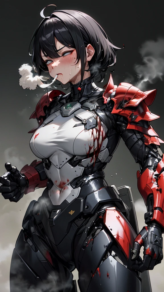 (Masterpiece), (wearing biofusion armor), holding a laser giant axe, best quality, 1 girl, pale skin, blue hair, laughing, sticking out tongue, messy hair, blue eyes, glowing eyes, creepy, crazy expression, blood on face, blood on clothes, walking, falling, hanging arm, loose arm, mental hospital, corridor, darkness, lighting, creepy, scary, flashing lights, blood, horror, dim light, behind you are killed monsters