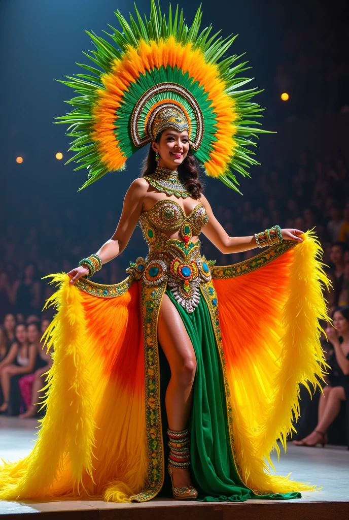 (best quality,4k,highres:1.2),ultra-detailed,(realistic:1.37)
Brazilian samba dancer, mid-spin, bright feathered costume and headdress, motion blur on feet, dramatic stage lighting and shadows, highly detailed, vibrant colors, vivid textures, energetic movement, rhythmic atmosphere, lively performance, dynamic composition, captivating expression, mesmerizing choreography, intricate dance steps, alluring feminine beauty, graceful posture, captivating eyes, radiant smile, exotic ambiance
