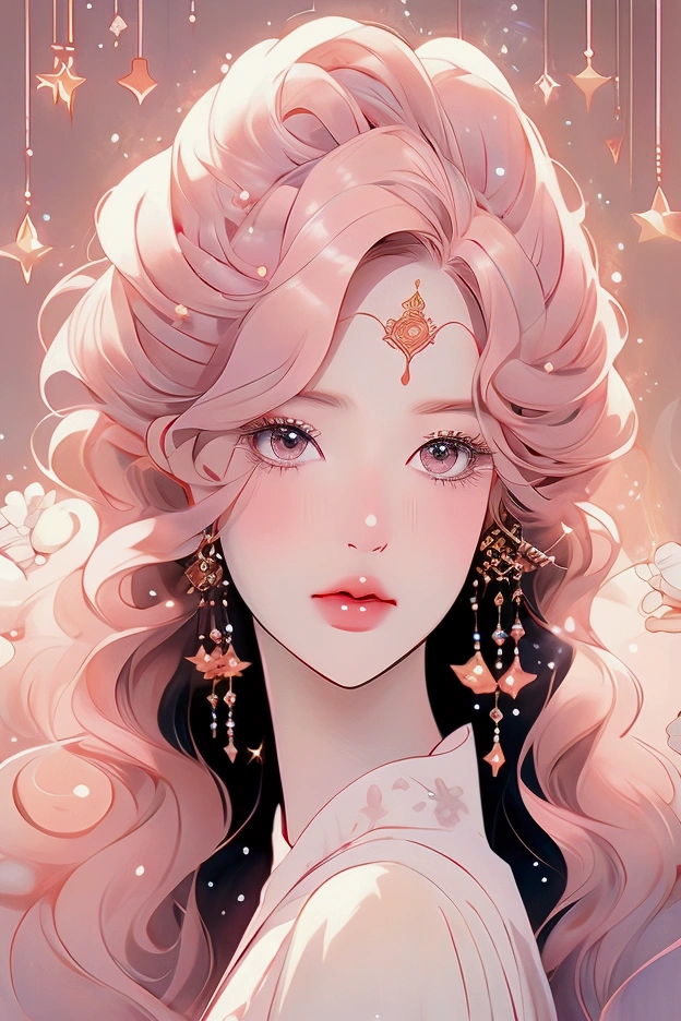 A close-up of the face of a beautiful girl with pink hair and blonde eyes. Long eyelashes, golden stars decorate her eyelids, and her lips have a faint blush. Her hands touch her face, her fingers are slender, and she has a beautiful long manicure. Soft and soft colors are used with surreal portrait styles and fantasy illustrations. The ethereal background provides a lovely cartoon design, baodada. which softly lights up the dreamlike. Digital art technology shows detailed strokes in high resolution in the style of a fantasy illustrator.