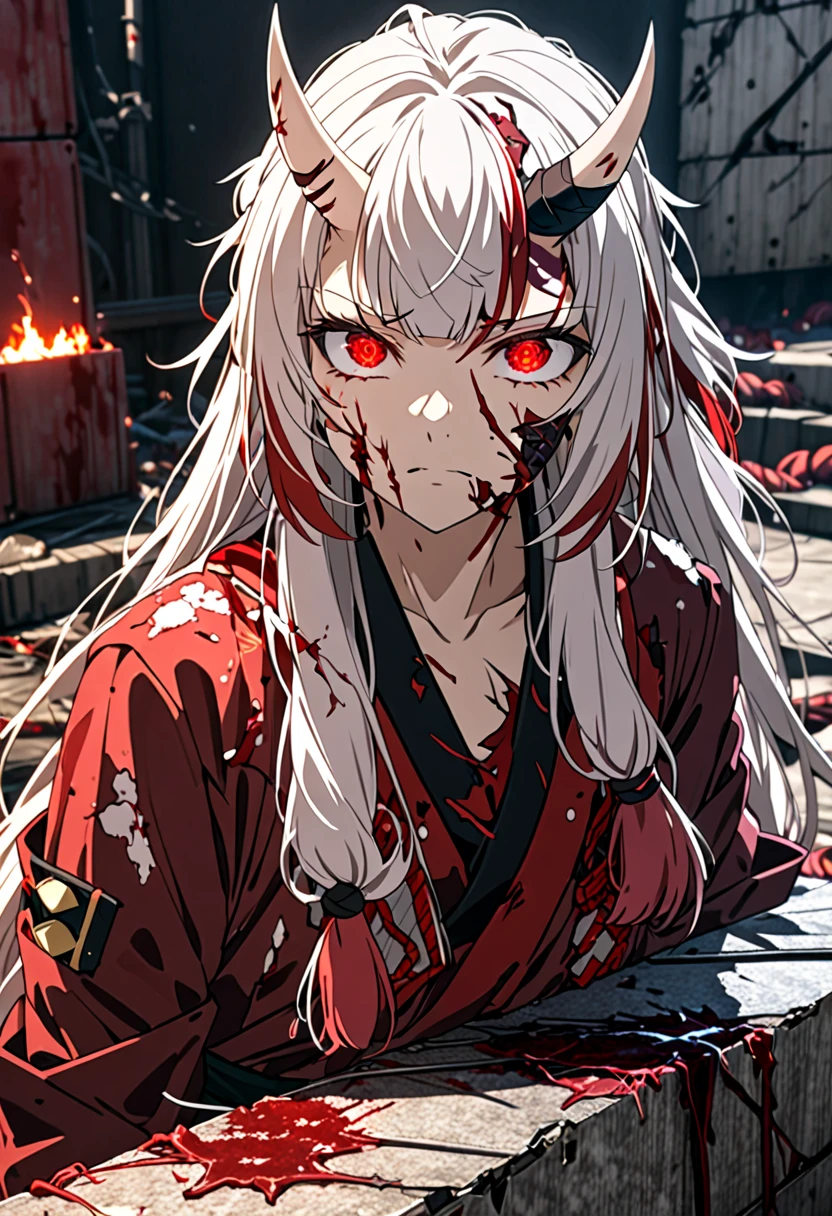 8K Ultra High-Quality, ultra-detailed, High quality, Nakiri ayame, white oni horns, long hair, damaged clothes, glowing eyes, wounded face, blooded face, wounded chest, open wounds, exposed flesh, depressed expression, close up, side view, looking at viewer, sitting on a box, military base background