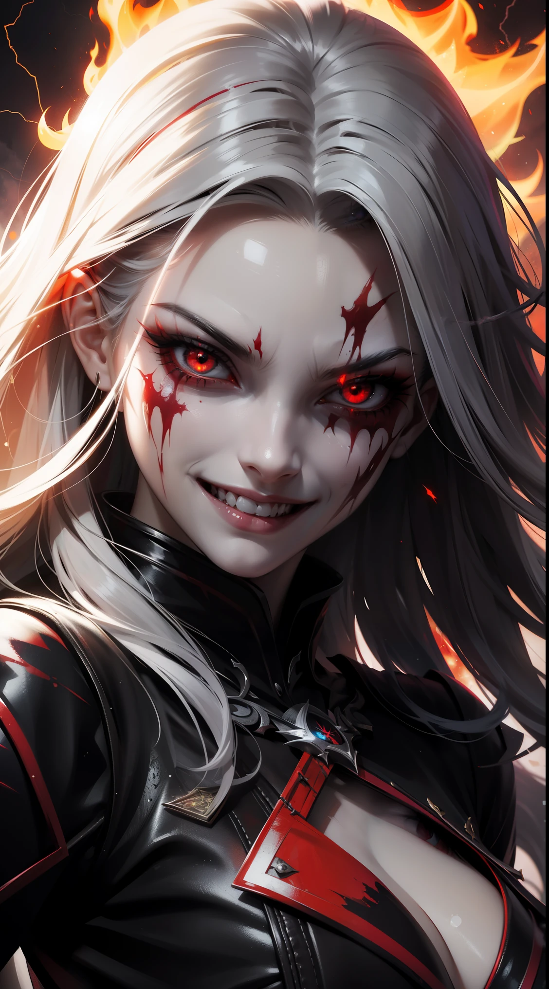 Lady vampire, Satanic, scream, scary, roar, grin, sharp teeth,red eyes, bloodshot eyes, elf ears, fire, skull, bloodhell, bloody circle, bloody face, Satanic horn, black lips, Gothic, 8k quality, realistic, raw photo,