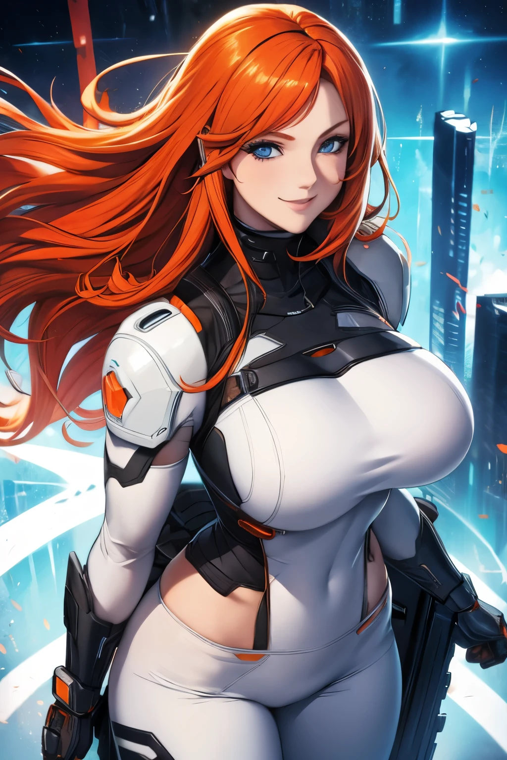 Woman , long orange hair, ginger hair, blue eyes, smiling, White cyber armor, black pants,