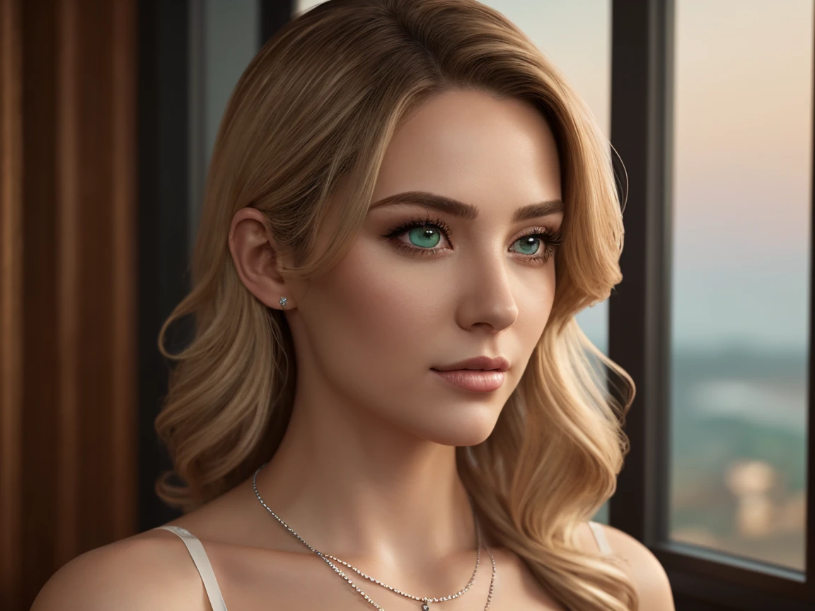 Long blonde wavy hair, sea-green eyes, 30ish years old, gorgeous woman,  (beautiful face: 1.2), Looking at viewer, flirting, desire in her eyes, lace lingerie, fishnet stockings, soft feminine body, intricate diamond and white gold necklace, (realistic, detailed,  digital art,  4k,  ultra hd: 1.2), Impressionism, 8K Octane, Braid, Hair Over One Eye, Asymmetrical Hair, (photorealistic: 1.2)Masterpiece, Anatomically Correct, Best Quality, High Details, breathtaking, sensual, intimate setting, moonlight