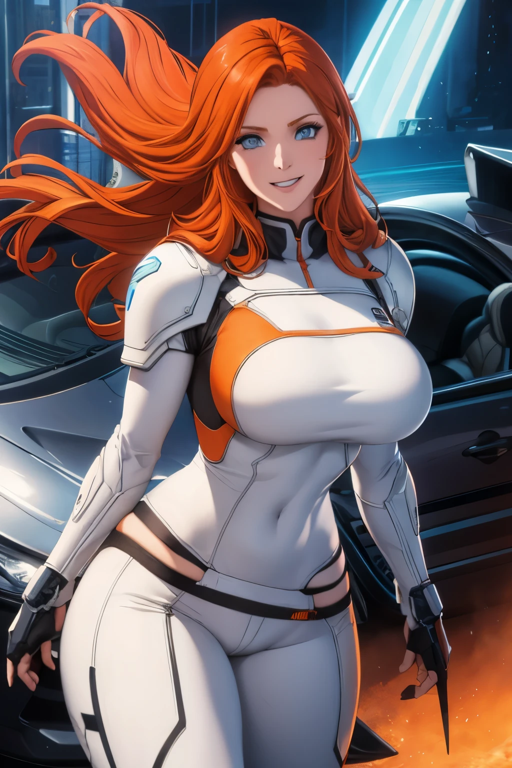 Woman , long orange hair, ginger hair, blue eyes, smiling, White cyber armor, black pants,
