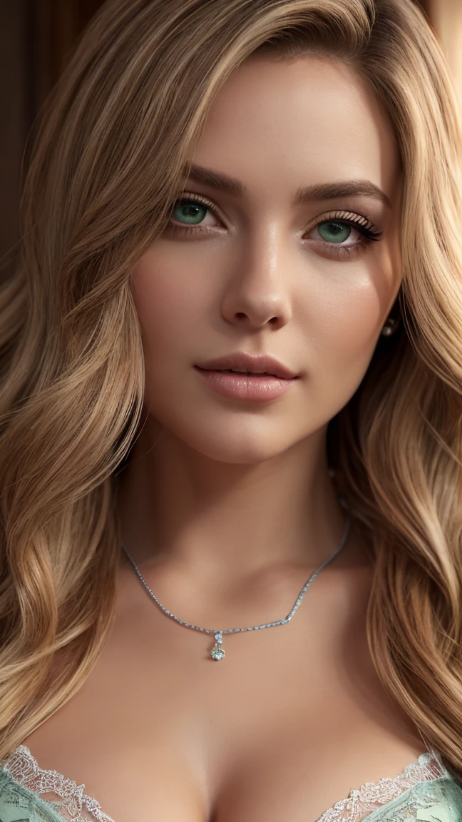 Long blonde wavy hair, sea-green eyes, 30ish years old, gorgeous woman,  (beautiful face: 1.2), Looking at viewer, flirting, desire in her eyes, lace lingerie, fishnet stockings, soft feminine body, intricate diamond and white gold necklace, (realistic, detailed,  digital art,  4k,  ultra hd: 1.2), Impressionism, 8K Octane, Braid, Hair Over One Eye, Asymmetrical Hair, (photorealistic: 1.2)Masterpiece, Anatomically Correct, Best Quality, High Details, breathtaking, sensual, intimate setting, moonlight