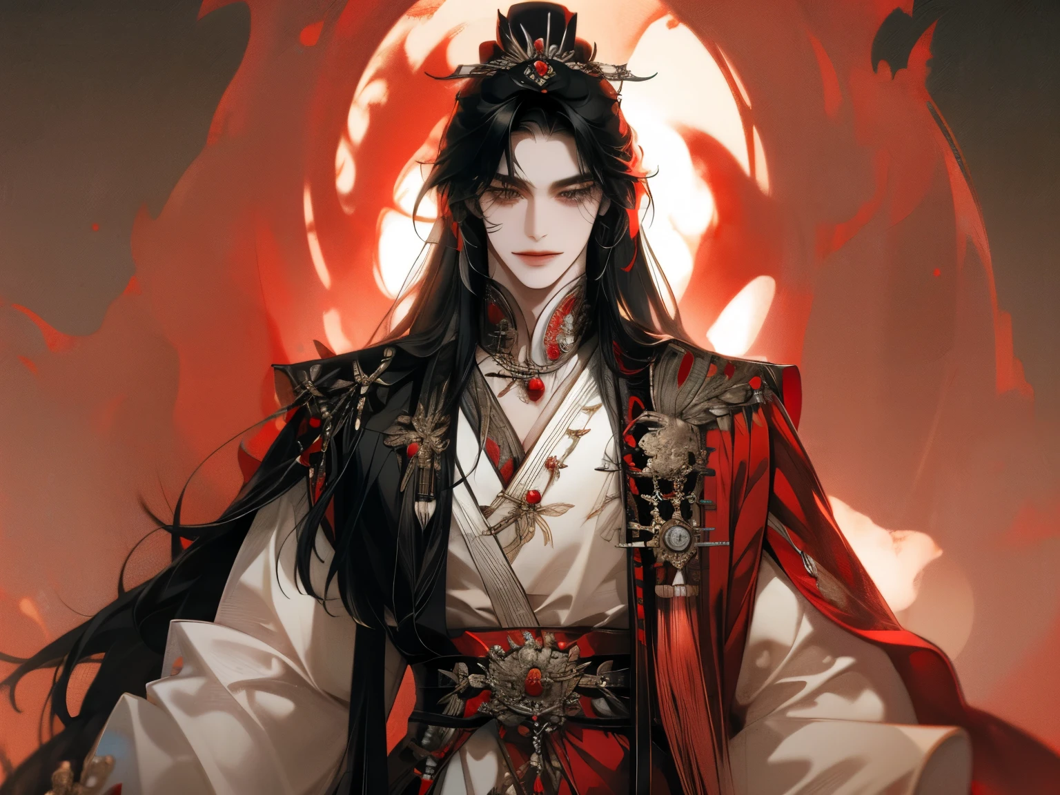 boy, Long hair,  long hair style, 긴 Black 머리,  sharp features,  white skin , A very close view, ((Black, Red emperor costume )),  pearl decoration ,  gorgeous, Smiling ,  natural pose