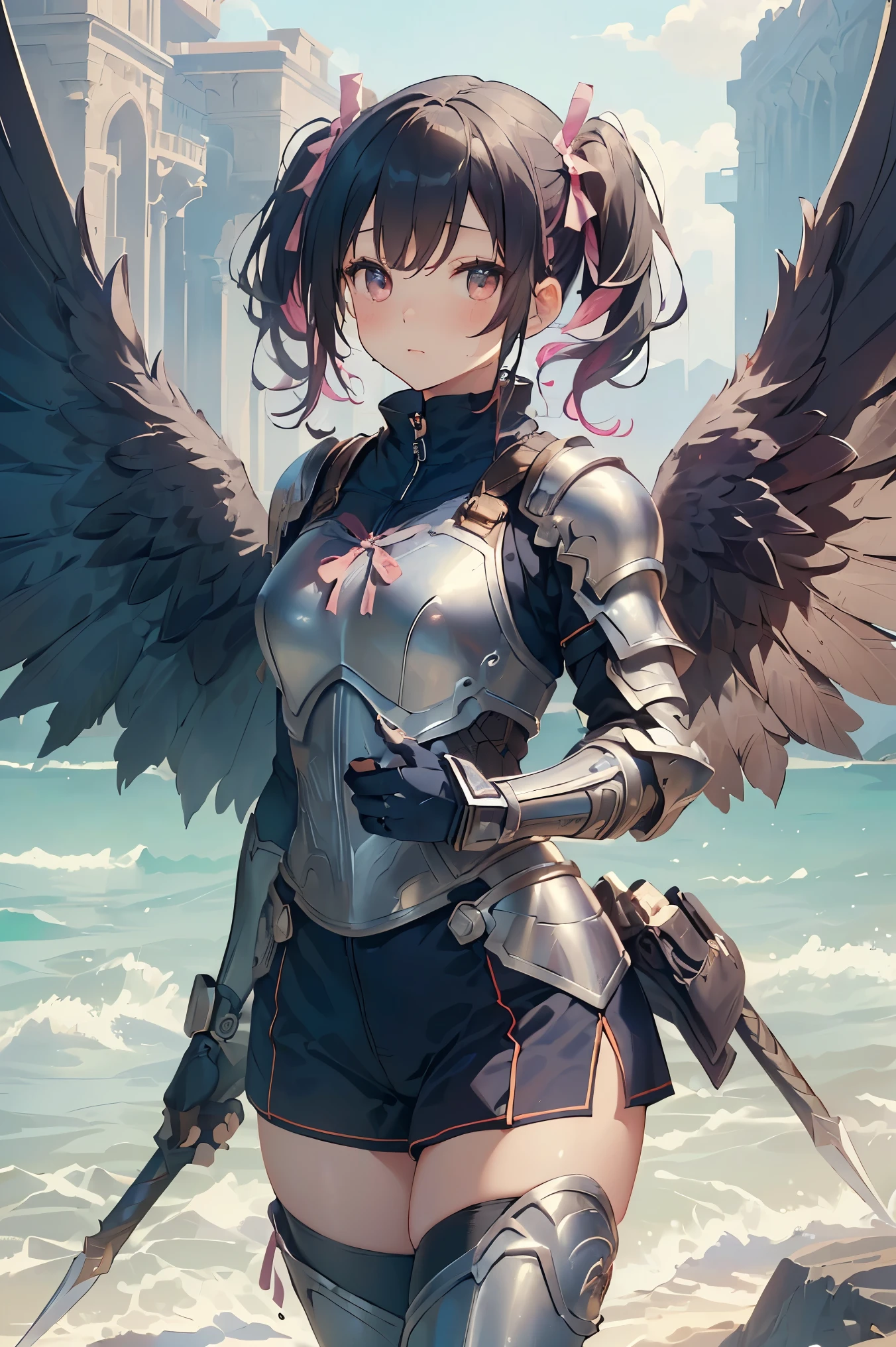 (((Best quality, 8k, Masterpiece: 1.3)), ((best quality)), ((masterpiece)), (detailed), perfect face, perfect body, (detailed skin:1.3), (intricate details), Full body armor, gauntlets, long spears, vividly colored wings, navy hair, pigtails, pink ribbon tied around the pigtails