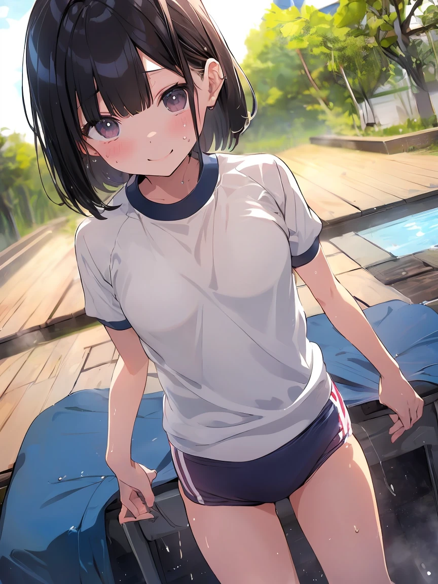 ((Top image quality)), ((masterwork)), illustratio, (detaileds), 1girl, Hayase Nagatoro, brown-eyed, small tits, (track and field:1.2) 、tanline,Evening Classroom, (hight resolution:1.2),Bound arms, arms behind back, Troubled face、is crying、red blush、embarrassed from、Squatting and spreading crotch、Open legs in the crotch of a crab、tiptoeing、ghost town、outside of house、Sex Expressions、The nipple area is torn、The crotch is torn、((a large amount of cloudy liquid drips from the genitals、There is a vibrator on the genitals))