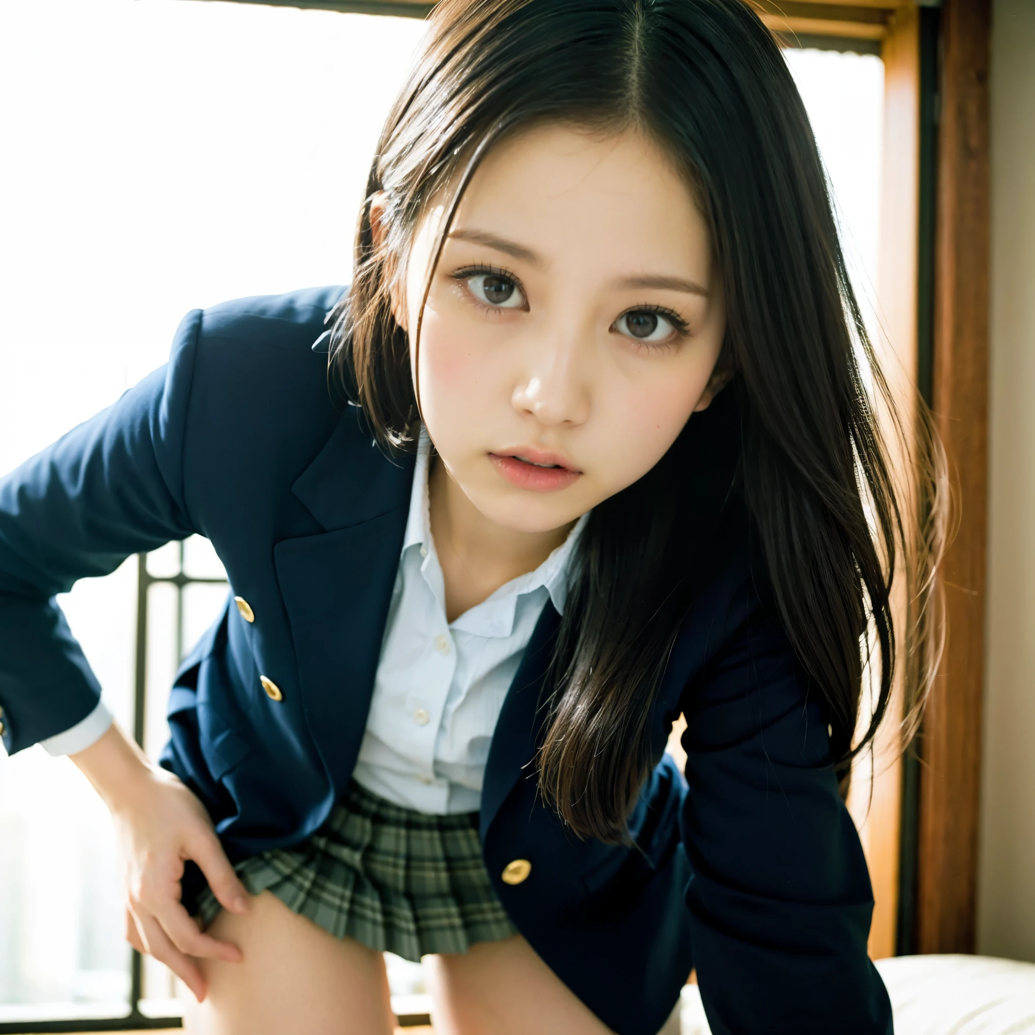1girl,black-framed glasses,leaning forward,Undressing panties,panty pull,school uniform,Navy blue blazer,pleated skirt,tongue out,Looking Down and Sleepy,school background,warm sunset lighting,bright and energetic atmosphere,detailed face,beautiful detailed eyes,beautiful detailed lips,extremely detailed eyes and face,long eyelashes,photorealistic,8k,best quality,masterpiece,highly detailed,vibrant colors,cinematic lighting,soft focus