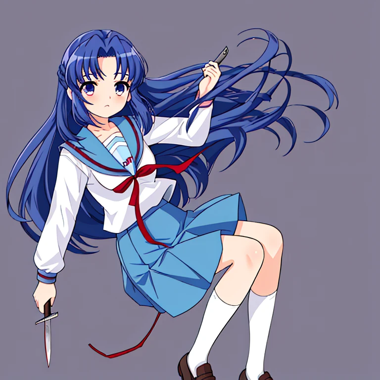 ryouko asakura, kita high school uniform, serafuku, sailor collar, white shirt, skirt, 1girl, long hair, kita high school uniform, solo, blue sailor collar, serafuku, blue skirt, short sleeves, red ribbon, large breasts, blue hair, blue eyes, long hair, blue sailor collar, blue skirt, brown footwear, collarbone, kita high school uniform, loafers, long sleeves, red ribbon, ribbon, sailor collar, school uniform, shirt, shoes, skirt, socks, white shirt, white socks, winter uniform, have a knife, hold a knife