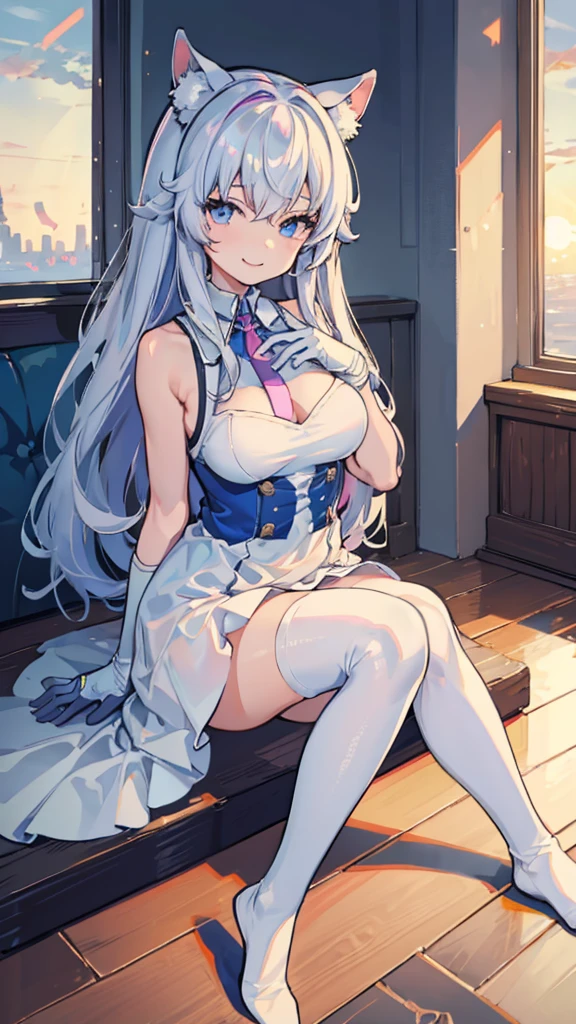 最high quality、Best image quality、masterpiece、girl((20-year-old、 By becoming、Best Bust、Medium Bust,Wide open breast tea、blue eyes and white hair 、Disheveled Hair、Long Hair、thin,The highest valley、White overshirt、Open chest、White wristband、smile、Leaning forward、hair ornaments、Side angle、Lointail、Looking at smartphone)),high quality、Beautiful art、background((Modern train、Window、Light of the sun))、Flight、Flying debris、Written boundary depth、movie、Visual Arts、Perfect art、8K,Genuine、