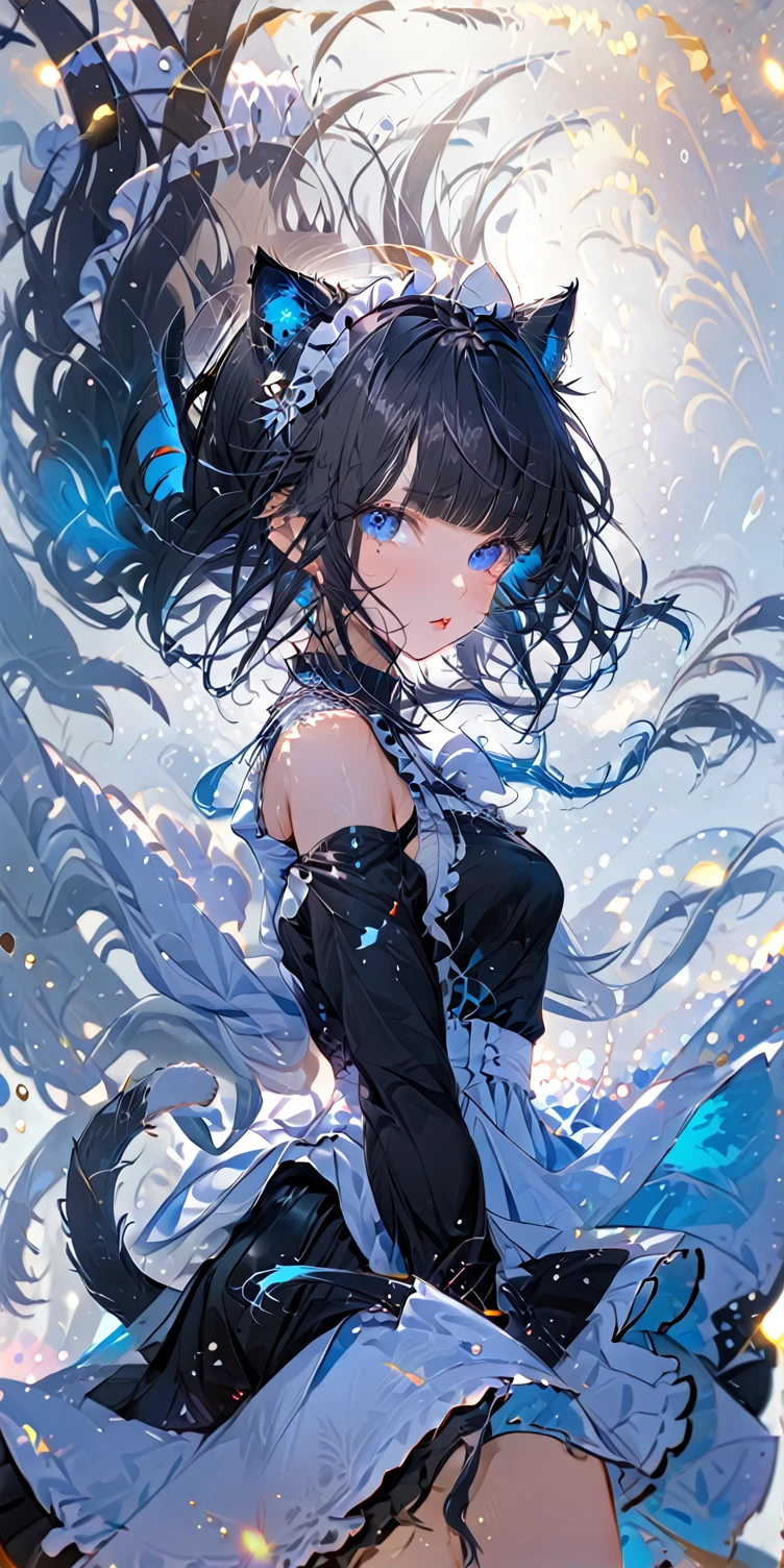 1girl, absurdly long black hair blunt bangs, blue eyes, cat ears, cat tail, chestnut mouth, large breast, open shoulder maid uniform, high waist short skirt, wind browing, floating hair, white background, contrapposto, cool expression, from below, look at viewer, soft focus, lens flare, masterpiece, best quality, vivid light color, Vector Art, 2D flat, simple shapes, professional graphic, flat color, Sleek design, 1girl, absurdly long black hair blunt bangs, blue eyes, cat ears, cat tail, chestnut mouth, large breast, open shoulder maid uniform, high waist short skirt, wind browing, floating hair, white background, contrapposto, cool expression, from below, look at viewer, soft focus, lens flare, masterpiece, best quality, Matte frosted color, Vibrant colors, Layering impasto (oil painting:1.1), ultra-detailed texture, perfect composition, intricate details, high resolution, High contrast, sharp focus, Delicate brushwork, ,AddXL,Dream Scenery