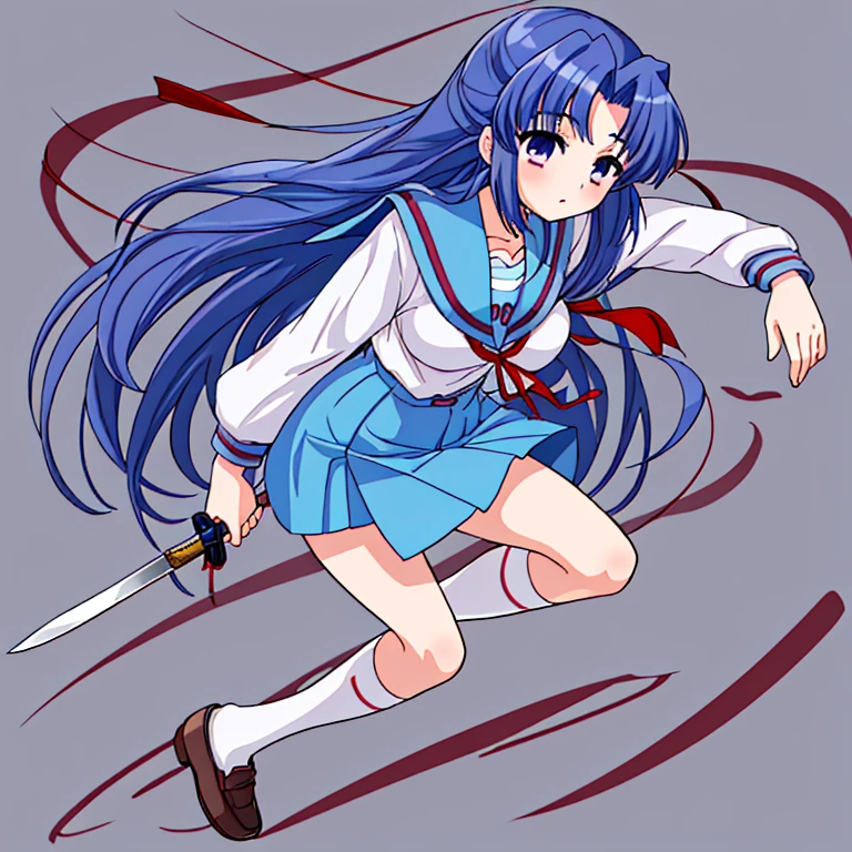 ryouko asakura, kita high school uniform, serafuku, sailor collar, white shirt, skirt, 1girl, long hair, kita high school uniform, solo, blue sailor collar, serafuku, blue skirt, short sleeves, red ribbon, large breasts, blue hair, blue eyes, long hair, blue sailor collar, blue skirt, brown footwear, collarbone, kita high school uniform, loafers, long sleeves, red ribbon, ribbon, sailor collar, school uniform, shirt, shoes, skirt, socks, white shirt, white socks, winter uniform, have a knife, hold a knife