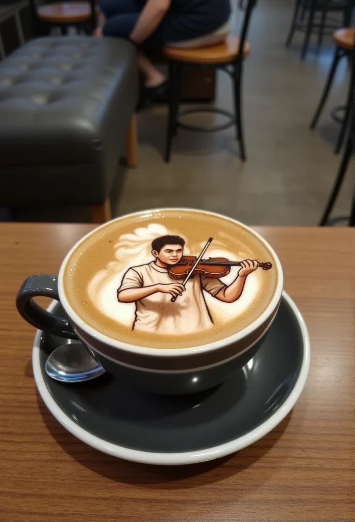 A latte cup with a latte art that looks like a person playing a violin in 3D, as if it's floating above the coffee surface.