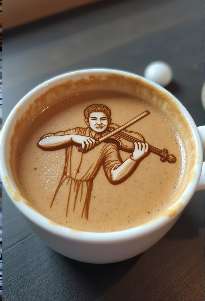 A latte cup with a latte art that looks like a person playing a violin in 3D, as if it's floating above the coffee surface.