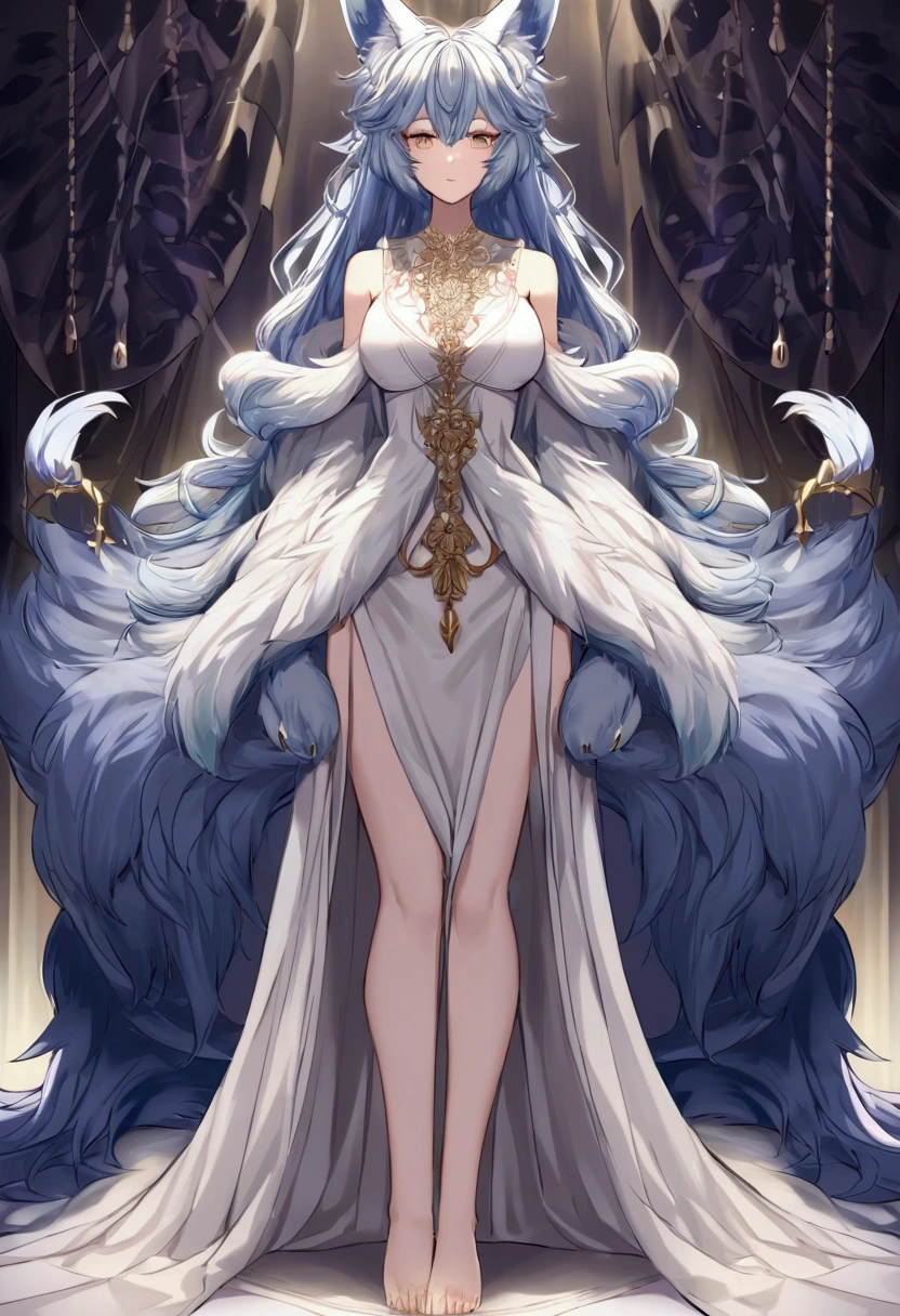 masterpiece,best quality,1girl, White hair, pink streaked hair,red fox ears, red fox tail, white fox fur, black, white, red, gold clothing,bare feet