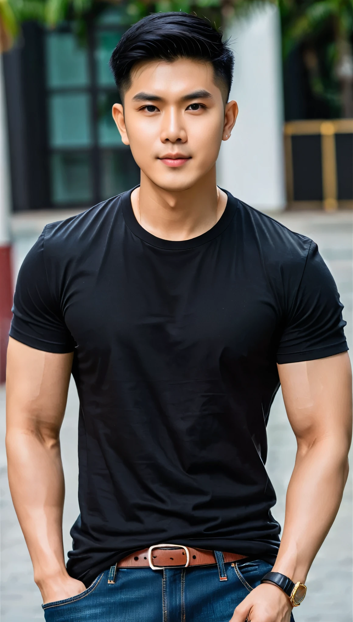 Clear picture, realistic picture, 8K ,masterpiece, best quality ,orihandsome,male อ้าปาก ยิ้ม 18 y,(1 man:1.1),(crew cut hair:1.3), Asia,round eyes,bright,black hair, (Wear a fitted round neck t-shirt:1.5),(black t-shirt:1.5),(jeans pants:1.3),look to camera,no logo,chest muscles,large arm muscles,blood vessel,Big muscles,Broad shoulders, ยืนในสวน