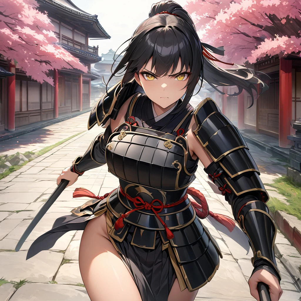 A woman wearing black heavy samurai armor with gold details, black hair, ponytail hair, yellow eyes, serious face, on an ancient Japanese road, Japanese palace in the background with sakura trees around, HDR, ultra resolution, very detailed, masterpiece, ultra quality, 4K HD. (solo, just one woman)