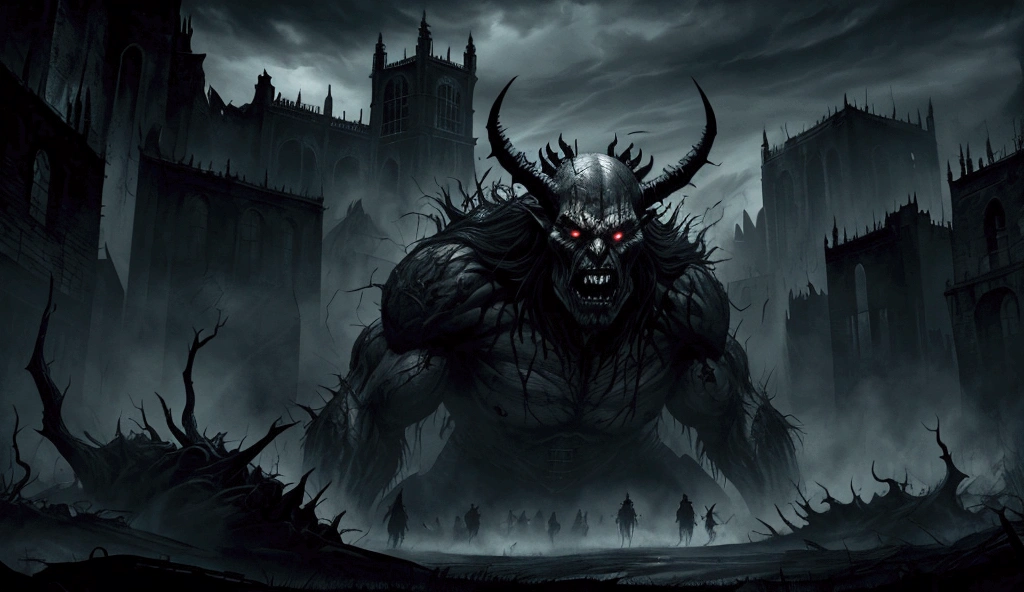 various monstrous medieval goblins, with deformed bodies and disgusting tentacles, in a medieval city, night, dark environment, darkness, fog, bloodstained, horror