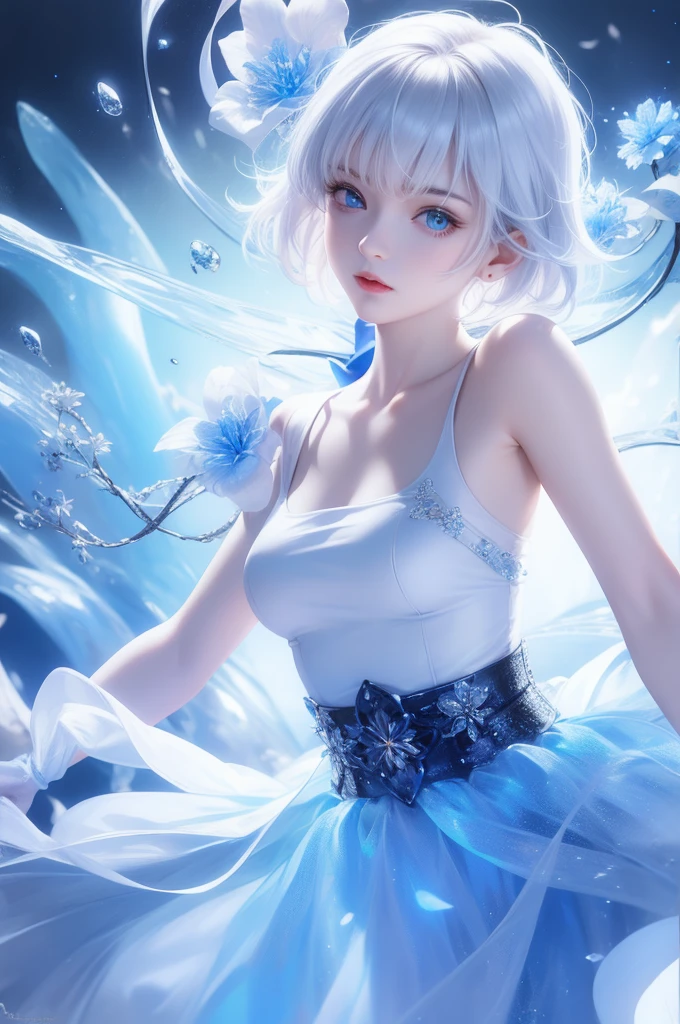 ((From the waist up))((masterpiece:1.5、8k、Portraiture、Photorealistic and very detailed CG、Very detailed、Particle Effects、Dynamic Effects、Written boundary depth、Cinematic Light、Lens flare、Ray Tracing、Tabletop、Realistic、超A high resolution:1.2)((alone、,Woman in off-the-shoulder dress:1.4、Model-like pose、medium beautiful breasts、Detailed face、brightexpression、young, bright, Whiter skin、Best Looks、Ultimate beauty、White hair with shiny highlights:1.8、bright and shiny hair,、Super long, Silky straight hair、Hair swaying in the wind))(Wonderful transparent flower々Surrounded by、White Background、Great background、Thin petals fluttering down)
