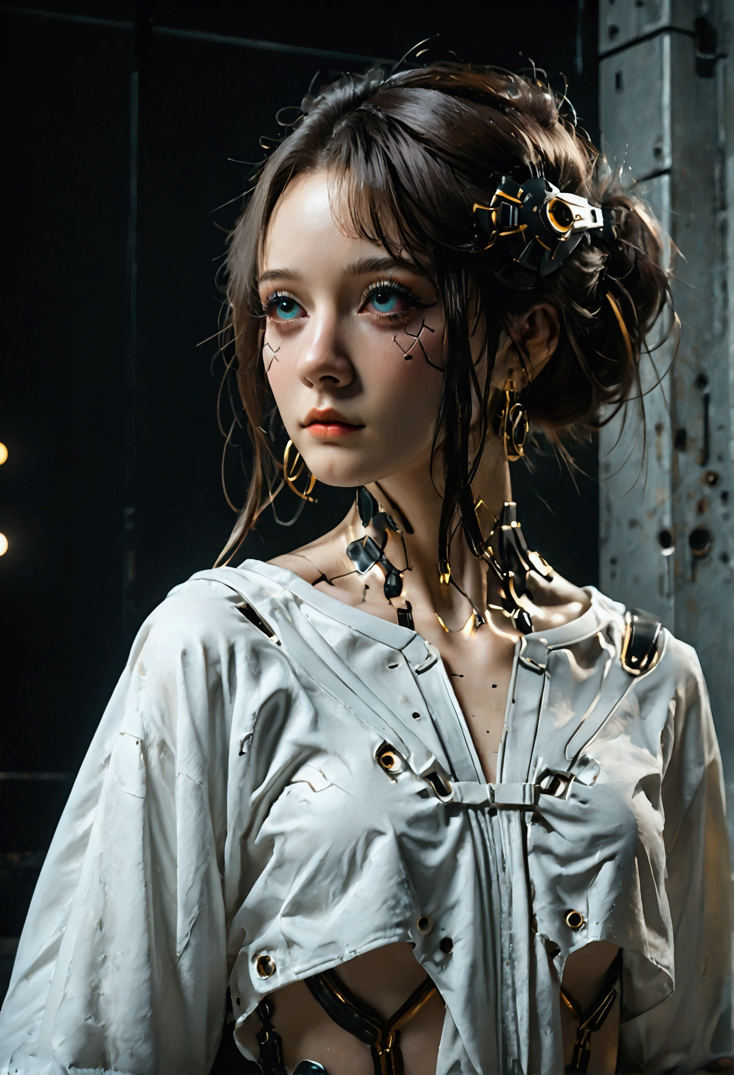 A stunning nude European young woman with pale white skin and dark brown hair completely nude. (((Cyberpunk sexy girl))). The background is pure white with no visible elements, heightening the focus on the figure. The image is ultra-detailed, photorealistic, and cinematic, with chiaroscuro lighting and a dark cyberpunk aesthetic. The overall tone is moody and richly textured. (Best quality,4k,8k,highres,masterpiece:1.2),Ultra detailed