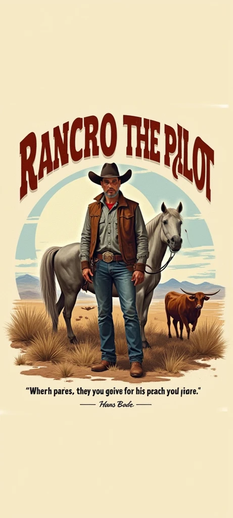 Logo that says Rancho the pilot , con un vaquero , a white horse and a cow , What Hans Bode says at the bottom of the image