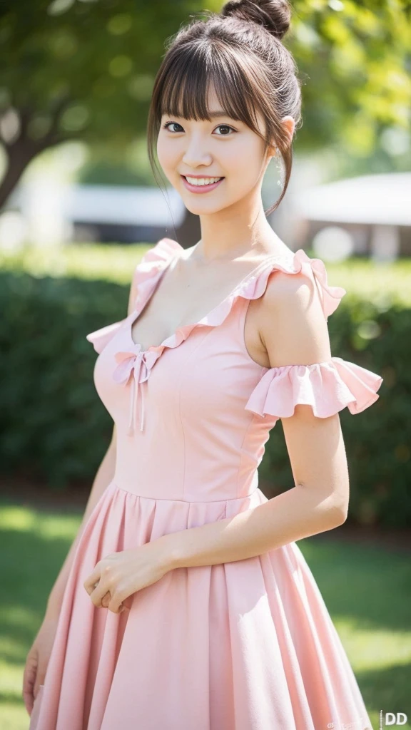 Very realistic 8k cg, masterpiece, ((highly detailed background, delicate patterns, intricate details)), (highly detailed, fine details), best quality, (realistic:1.4), beautiful lighting, outrageous, raw photography, film grain, viola, 1 woman, black hair, smiling, long hair, alone, flowers, jewelry, earrings, headdress, hair flowers, brown eyes, dress, smiling, brown hair, necklace, bare shoulders, beautiful and delicate lips, (slender girl, medium chest), (complex detailed background, outside, old city, brick buildings, small town environment, nature),