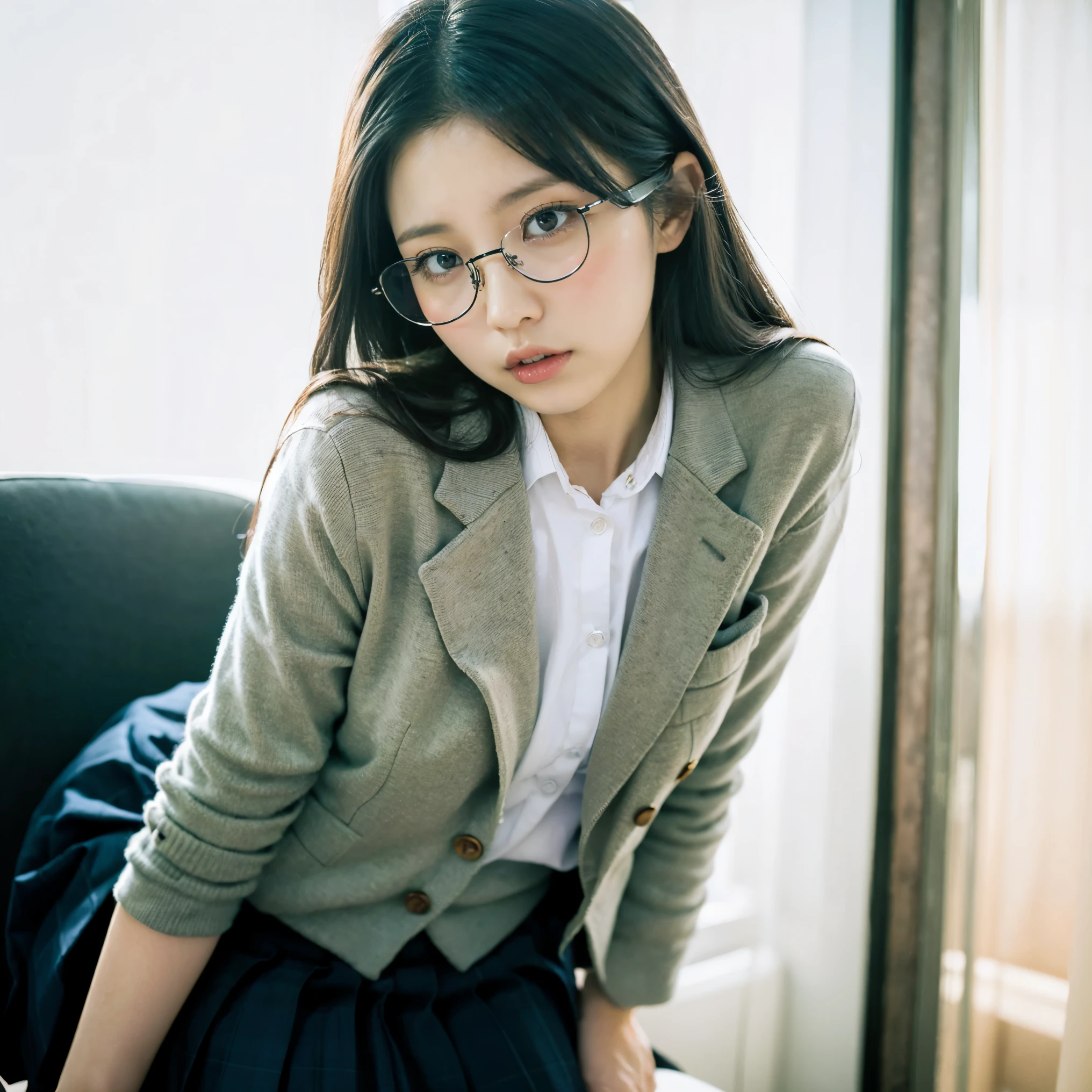 1girl,black-framed glasses,leaning forward,Undressing,panty pull,school uniform,Navy blue blazer,pleated skirt,tongue out,Looking Down and Sleepy,school background,warm sunset lighting,bright and energetic atmosphere,detailed face,beautiful detailed eyes,beautiful detailed lips,extremely detailed eyes and face,long eyelashes,photorealistic,8k,best quality,masterpiece,highly detailed,vibrant colors,cinematic lighting,soft focus