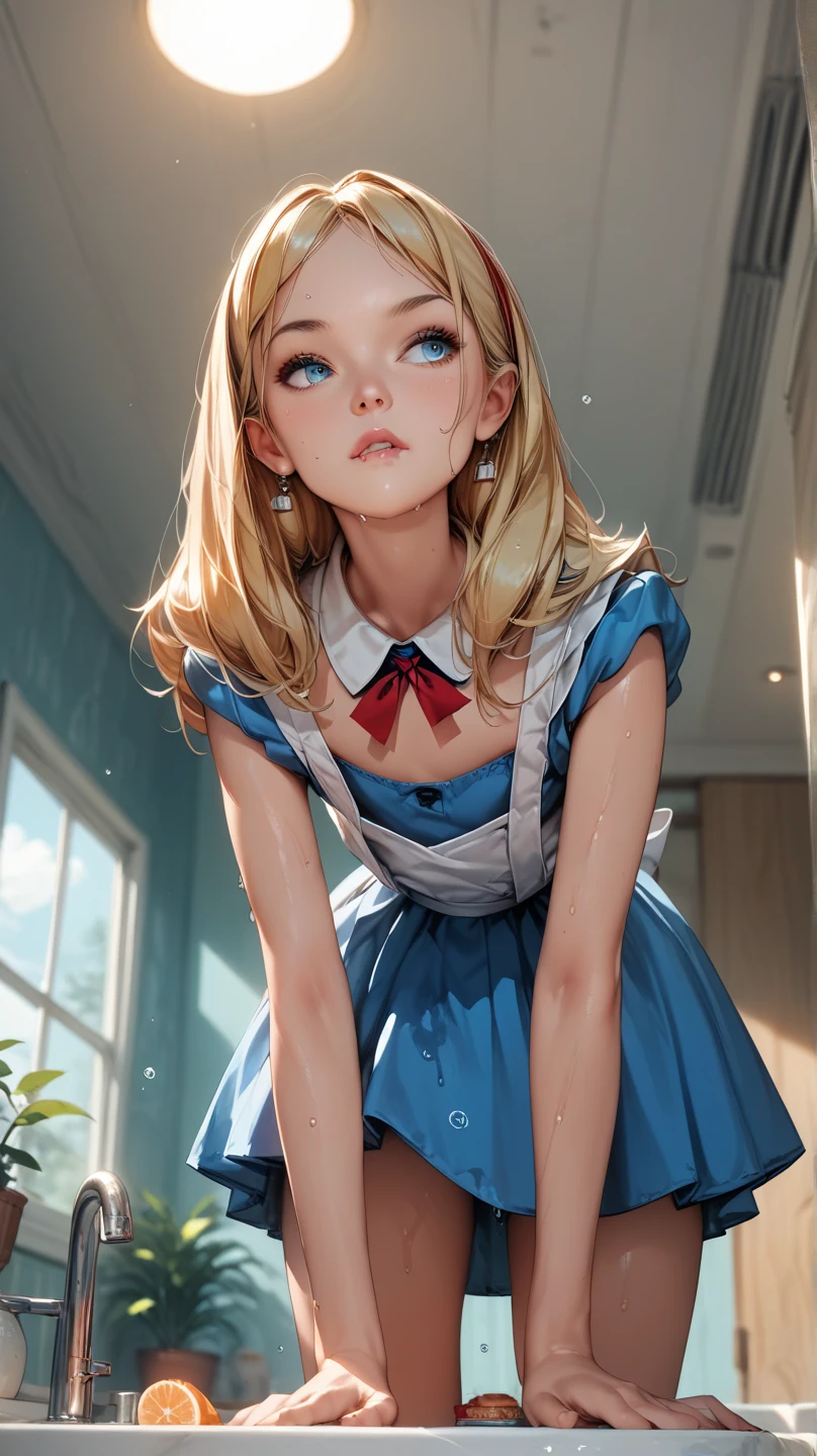 Enhanced all,rffc01,score_9_up,score_9, score_8_up, score_7_up,high res image, masterpiece, best quality, source_anime, indoors, 1 girl
leaning forward , flat chest, wet lip.alice,from below,look away