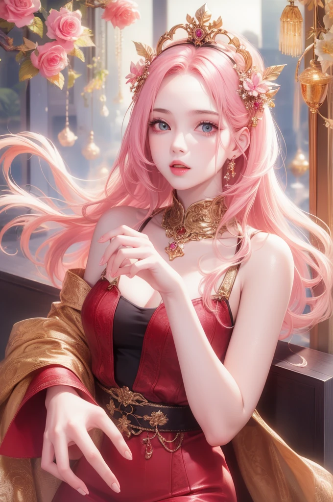 best quality, masterpiece, highres, 1girl,china dress, hair ornament, necklace, jewelry, Beautiful face, upon_body, tyndall effect, photorealistic, dark studio, rim lighting, two tone lighting,(high detailed skin:1.2), 8k uhd, dslr, soft lighting, high quality, volumetric lighting, candid, Photograph, high resolution, 4k, 8k, Bokeh, pink hair,